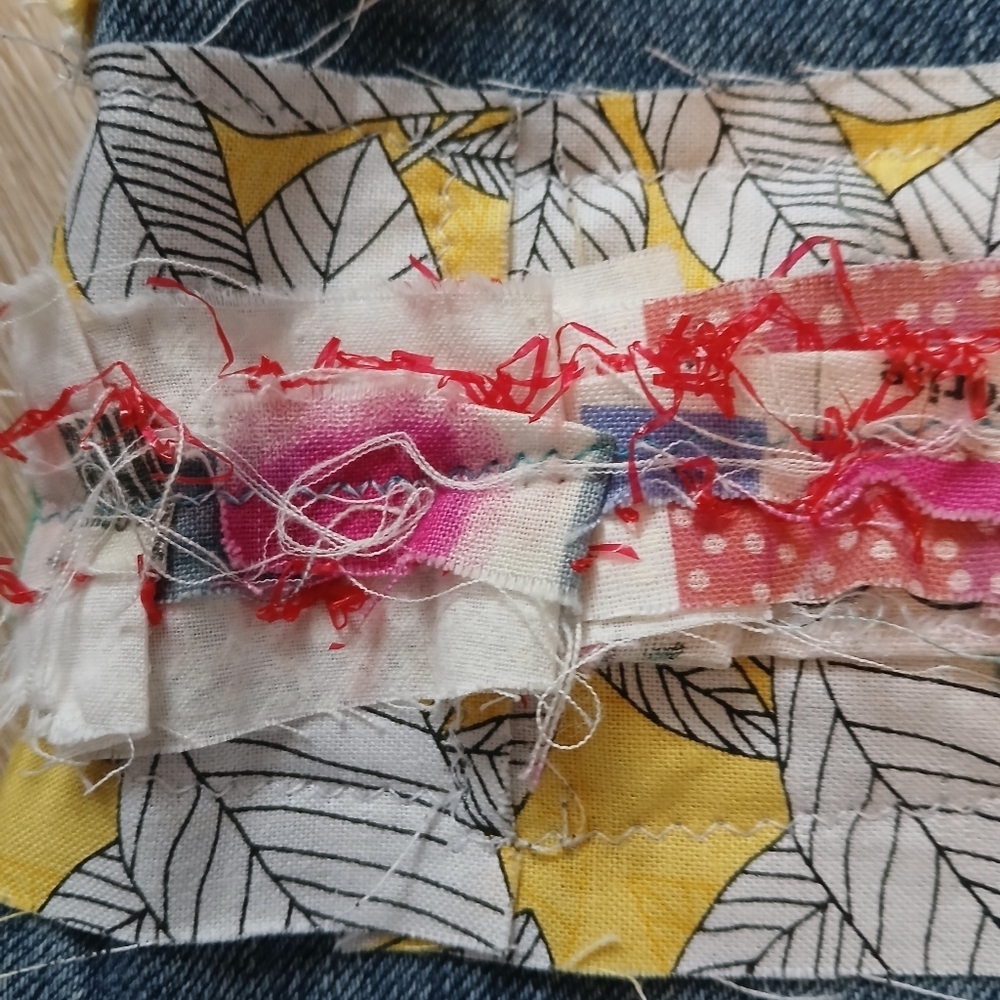Upcycled Denim Crossbody Bag Handmade with Floral Trim Jeans Patchwork Trim - Picture 8 of 13